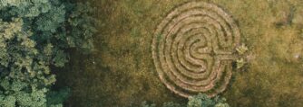 picture of a labyrinth set into grass located in a forest