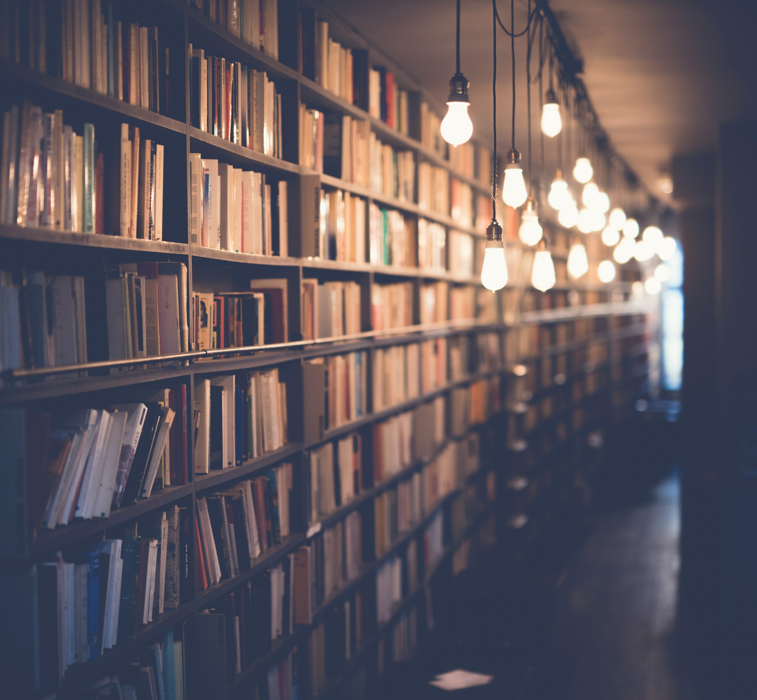 A well lit library and shelves filled with books